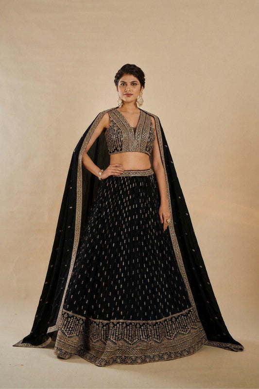 Designer Black Georgette Lehenga Choli: Zari Embroidery Sequins Work (Made To Order)
