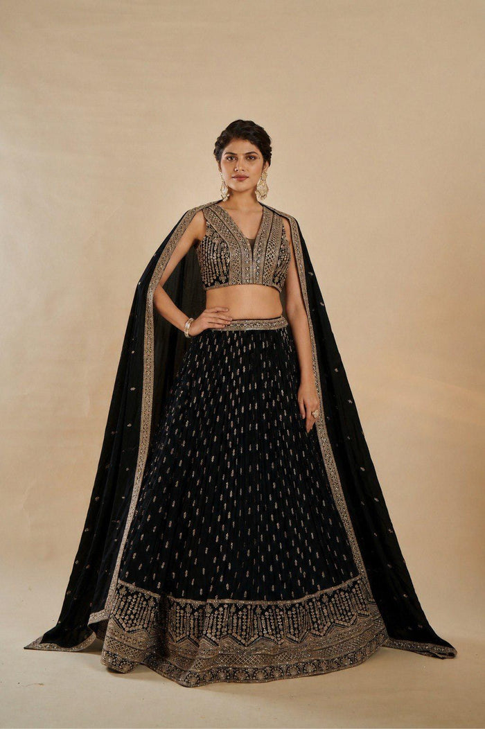 Designer Black Georgette Lehenga Choli: Zari Embroidery Sequins Work (Made To Order)
