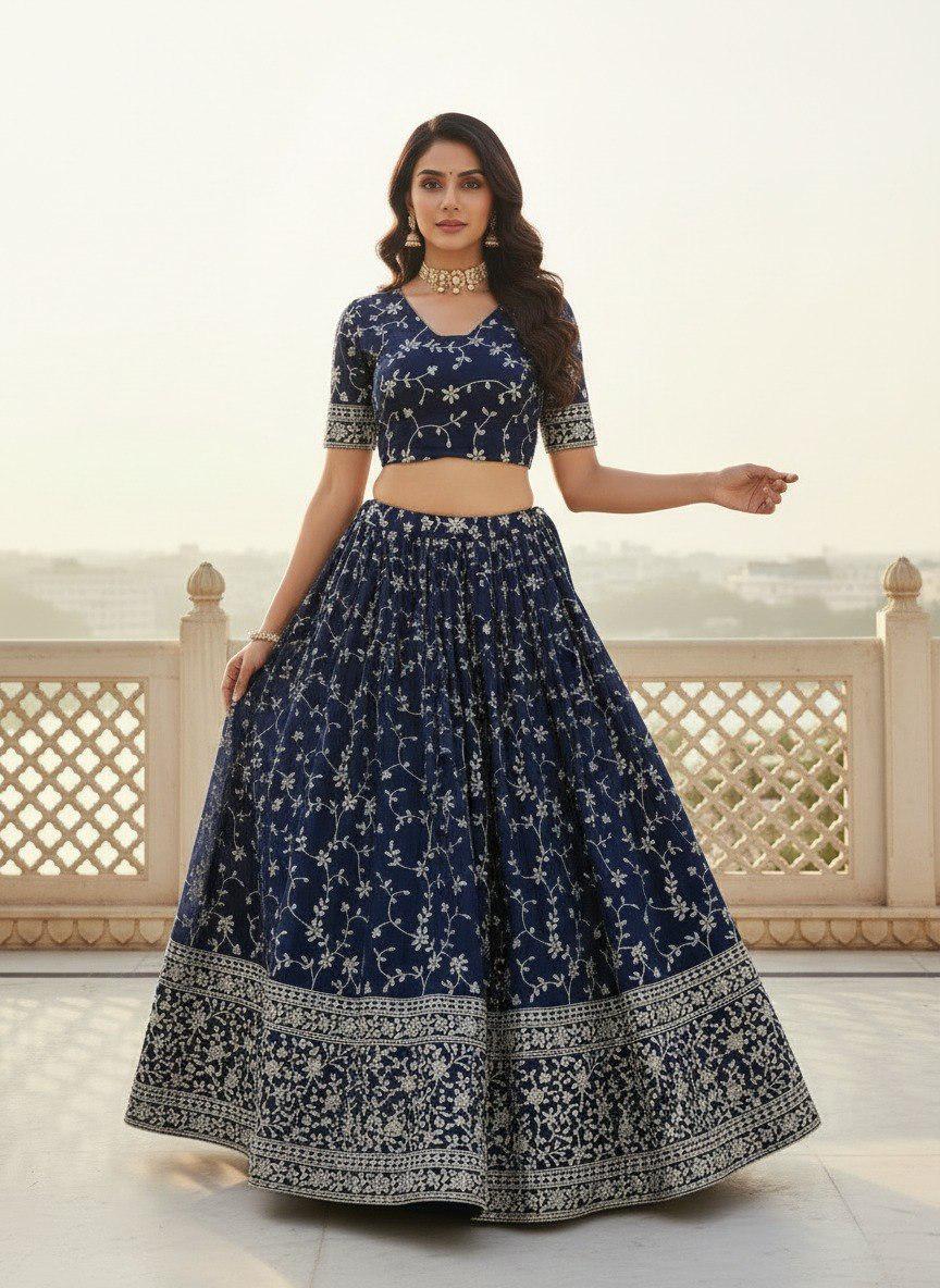 Designer Indian Wedding Lehenga Choli Set: Royal Blue Georgette Embroidery (Made To Order)