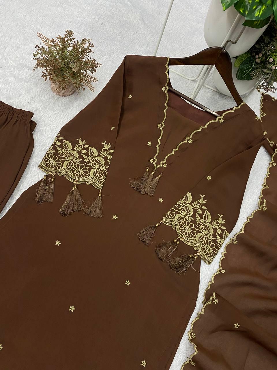Embroidered Brown Rayon Kurta Salwar Set with Dupatta | Festive Indian Wear