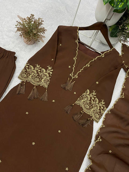 Embroidered Brown Rayon Kurta Salwar Set with Dupatta | Festive Indian Wear