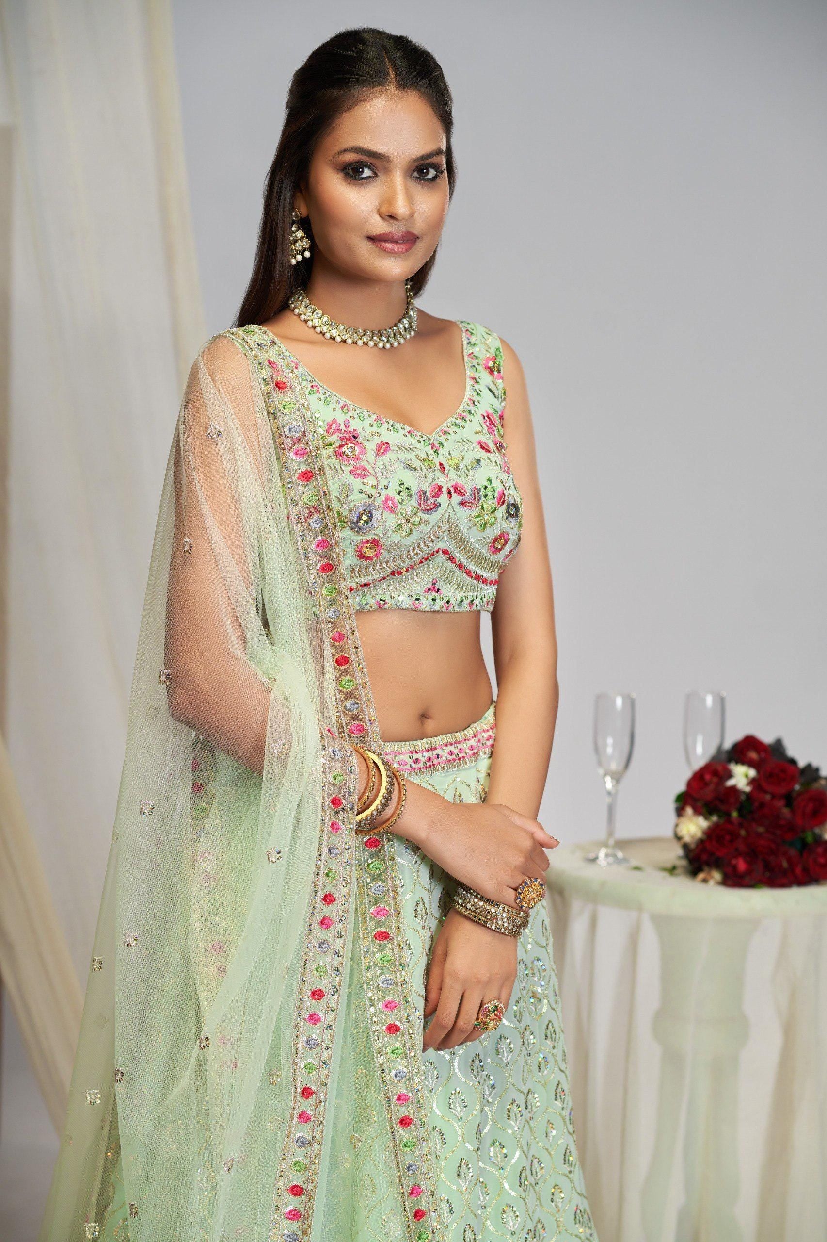 Designer Indian Wedding Lehenga Choli Set: White Georgette Embroidery (Made To Order) Stitched Blouse