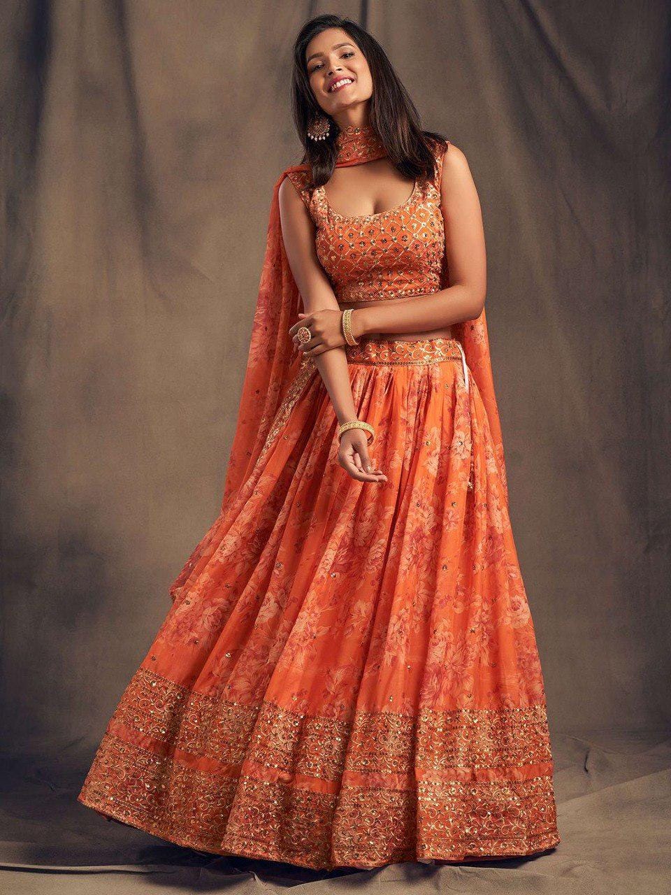 Dusty Rose Organza Lehenga Choli Set | Printed Embroidery Sequence Wedding Dress