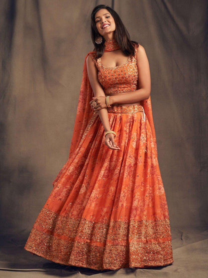 Dusty Rose Organza Lehenga Choli Set | Printed Embroidery Sequence Wedding Dress