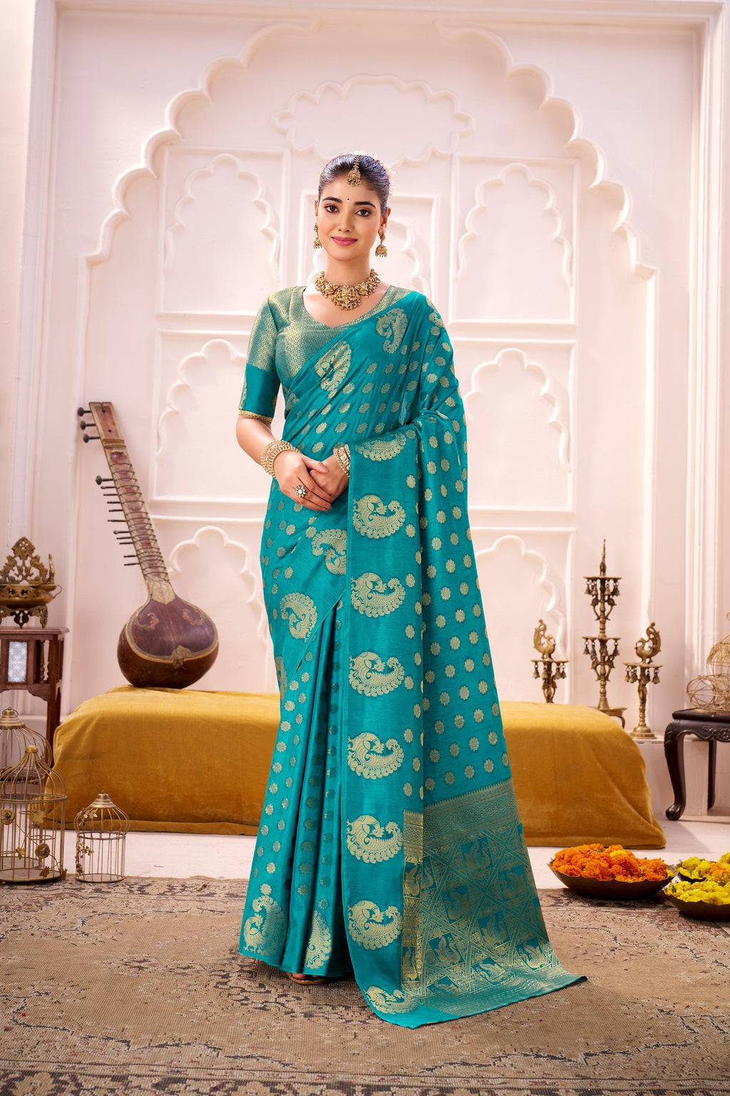 Firozi Green Pure Lichi Silk Saree — South Indian Style