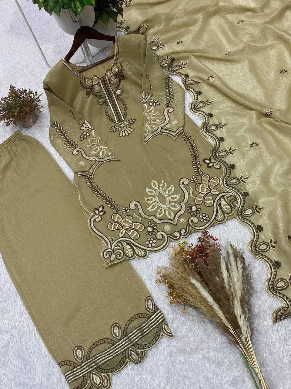 Designer Olive Green Embroidered Salwar Set with Dupatta | Wedding Party Wear Custom Stitched