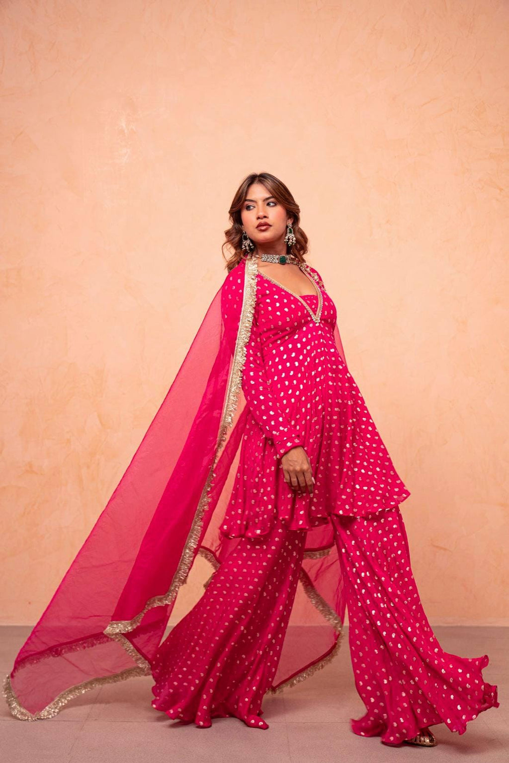 Royal Pink Jacquard Chanderi Silk Kurti Sharara Suit with Real Mirror Work, Net Dupatta