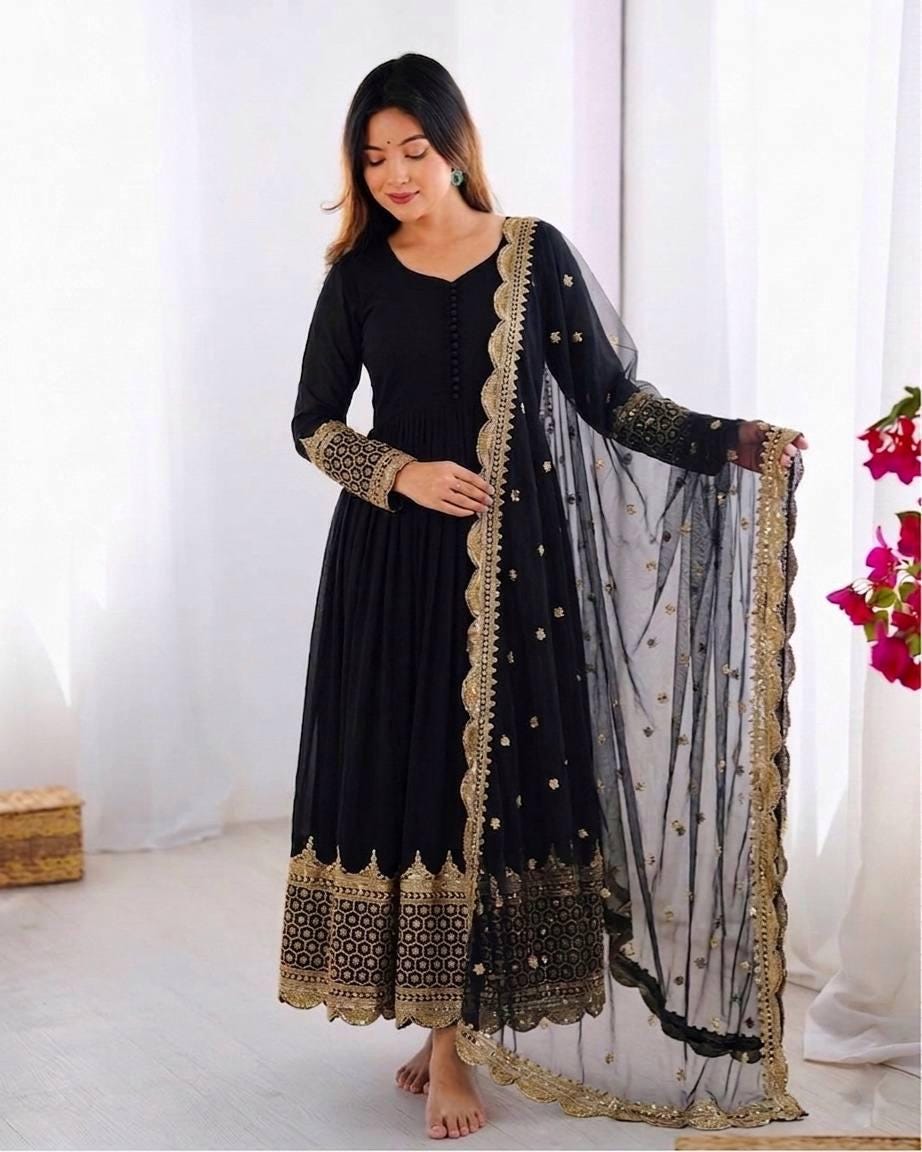 Black Embroidered Anarkali Gown Set, Faux Georgette Sequence Work, Party Wear Ethnic Dress