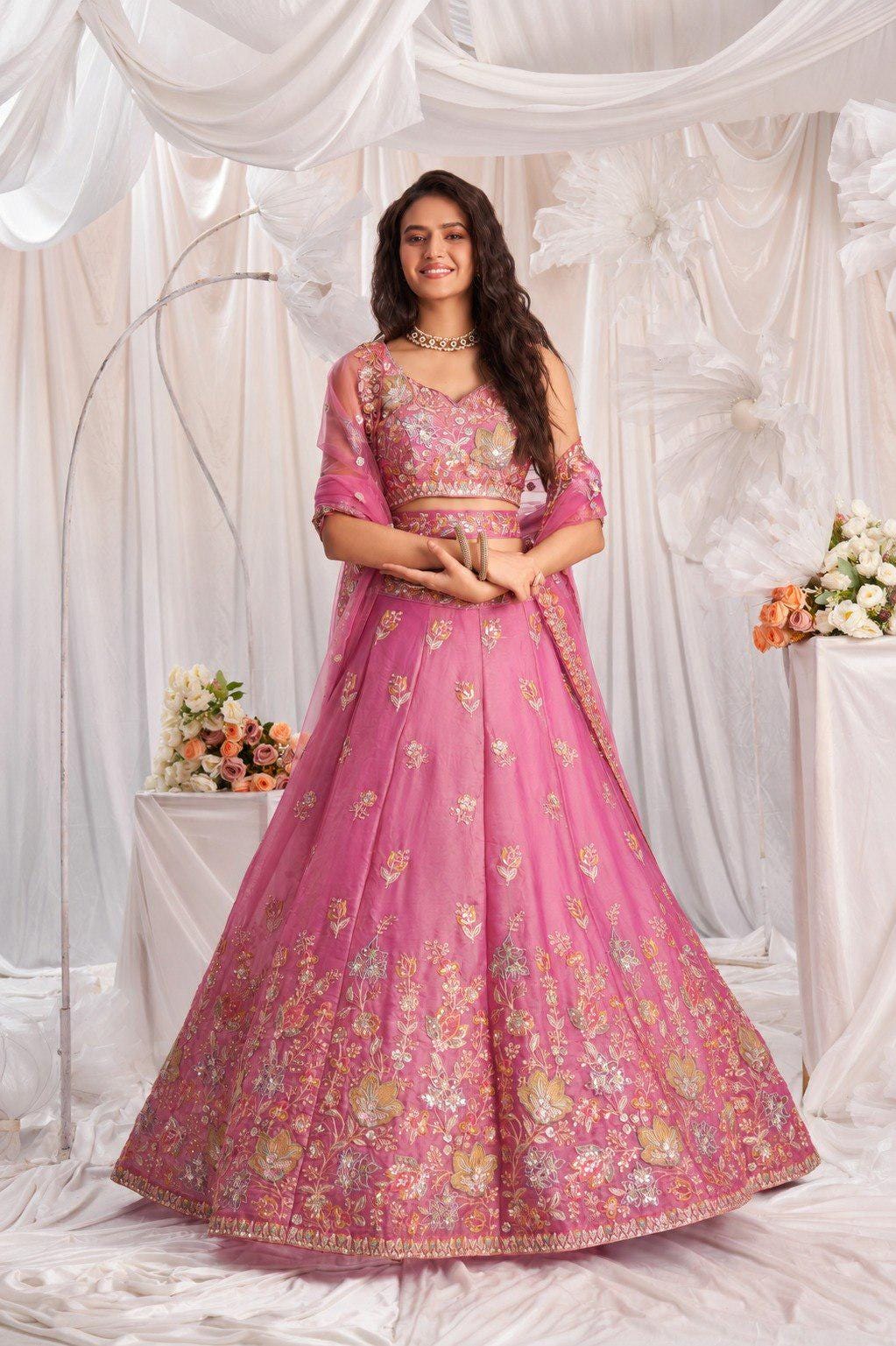 Baby Pink Embroidered Fandy Silk Lehenga Choli Set, Wedding Wear Dupatta