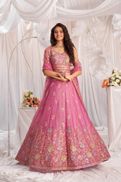 Baby Pink Embroidered Fandy Silk Lehenga Choli Set, Wedding Wear Dupatta
