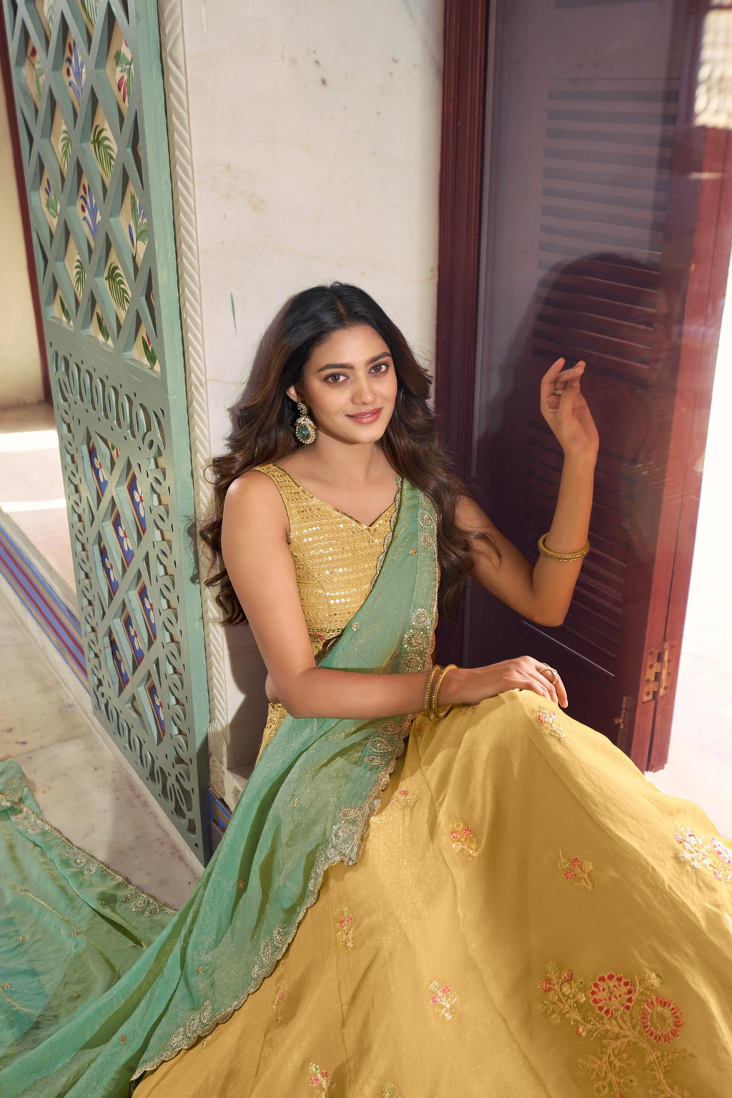 Pure Cotton Yellow Lehenga Choli Set: Gamthi Mirror Work, Matching Purse
