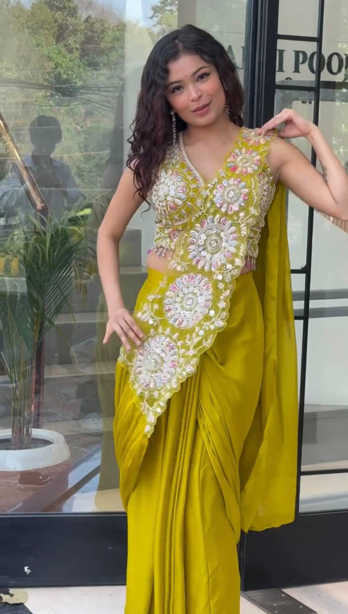 Ready-to-Wear Yellow Faux Georgette Drape Saree with Sequins Work, Stitched Blouse