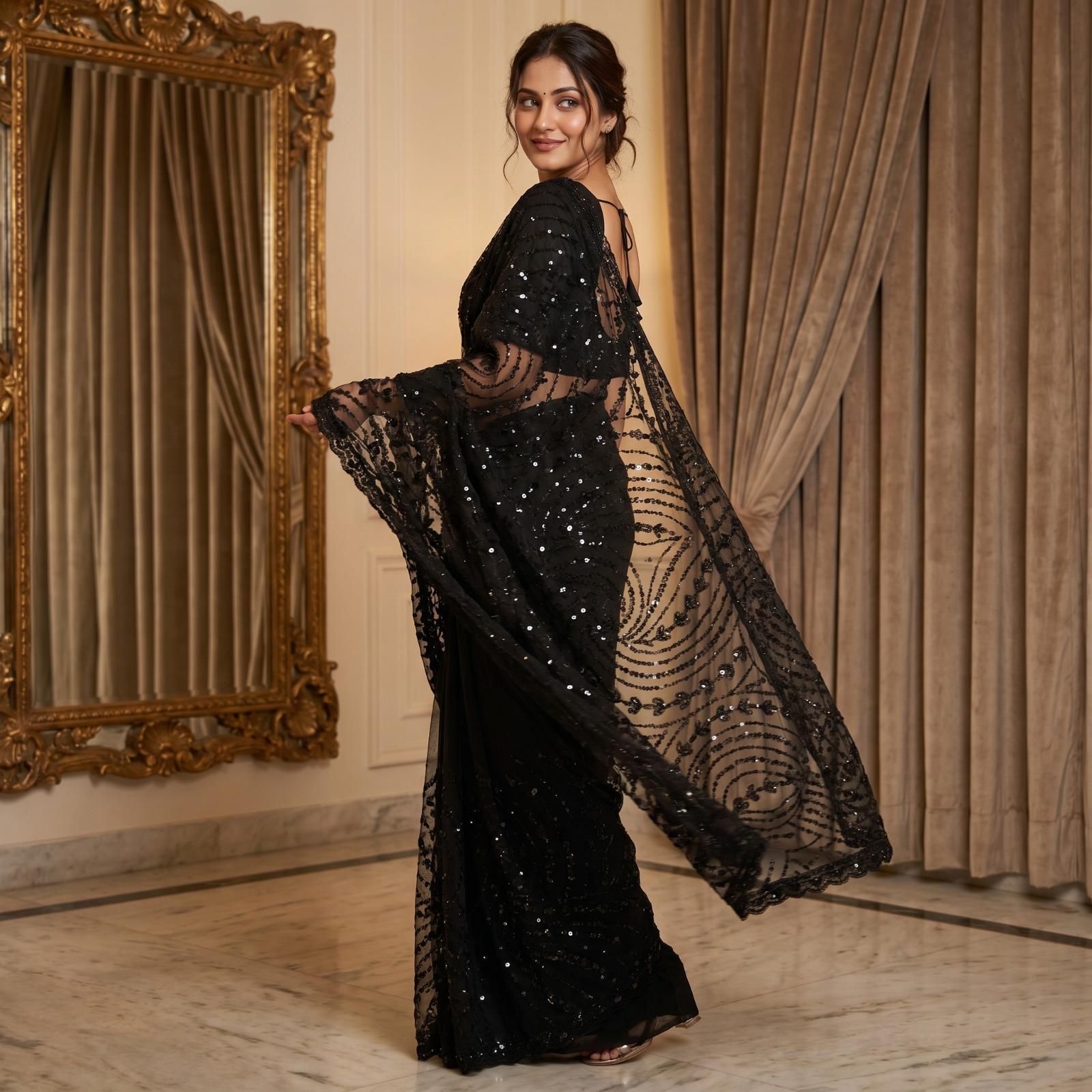 White & Black Soft Net Saree with Beadwork & Cutwork Border