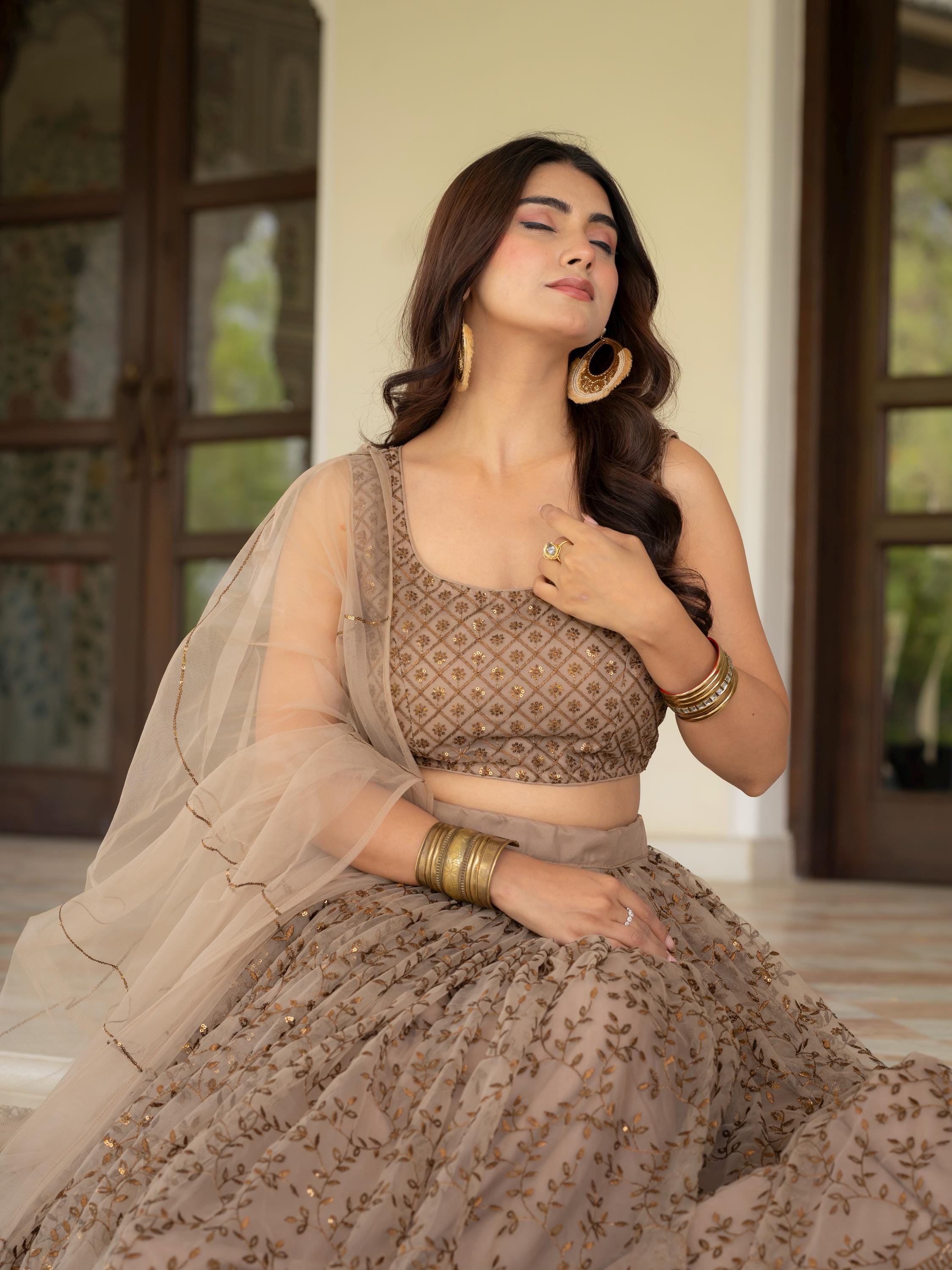 Muted Beige Net Lehenga Choli Set: Zari Sequence Embroidery Indian Wedding Outfit