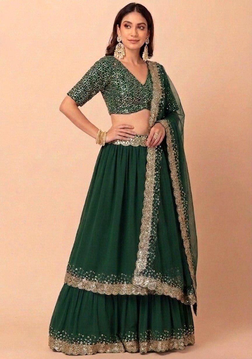 Designer Indian Wedding Lehenga Choli: Dark Green Georgette Embroidery Sequins Work (Made To Order)