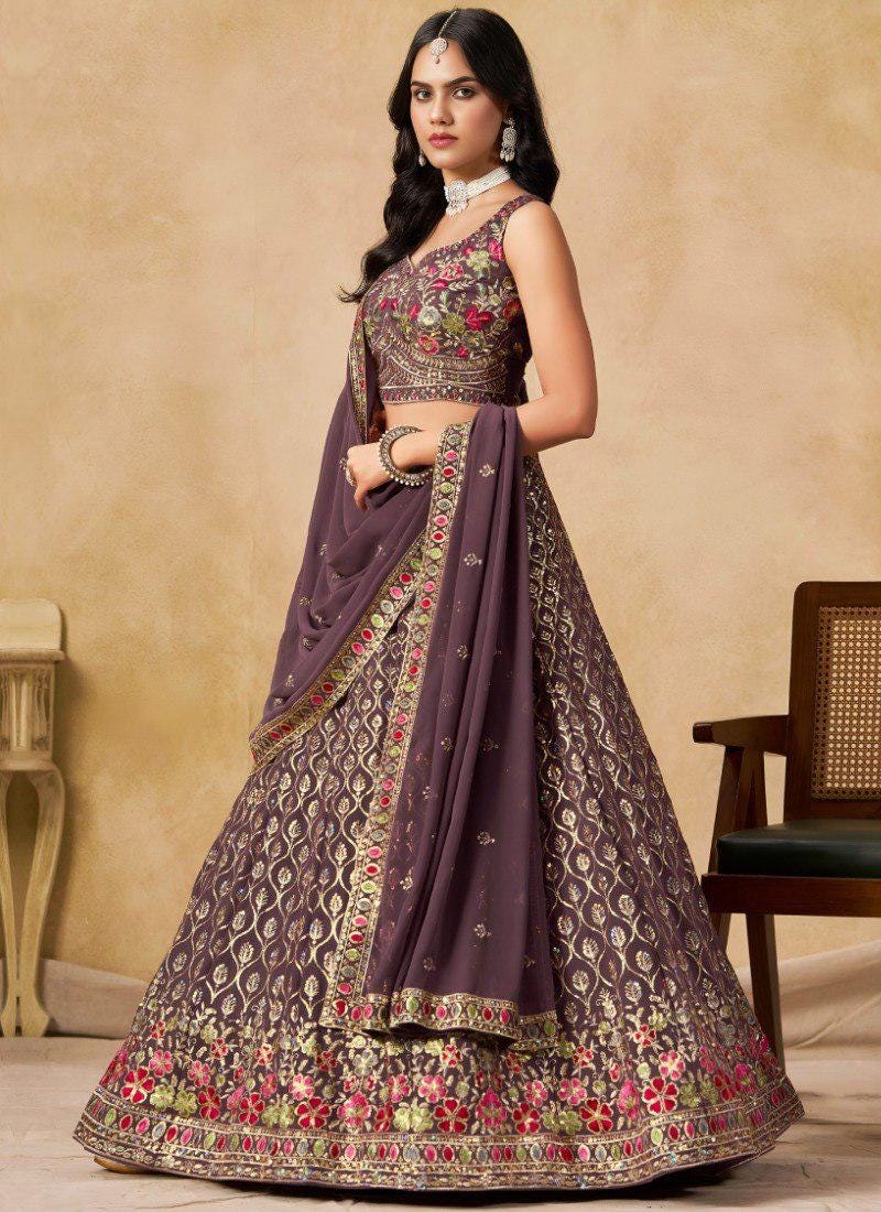Designer Indian Wedding Lehenga Choli: Dark Brown Georgette Embroidery (Made To Order)