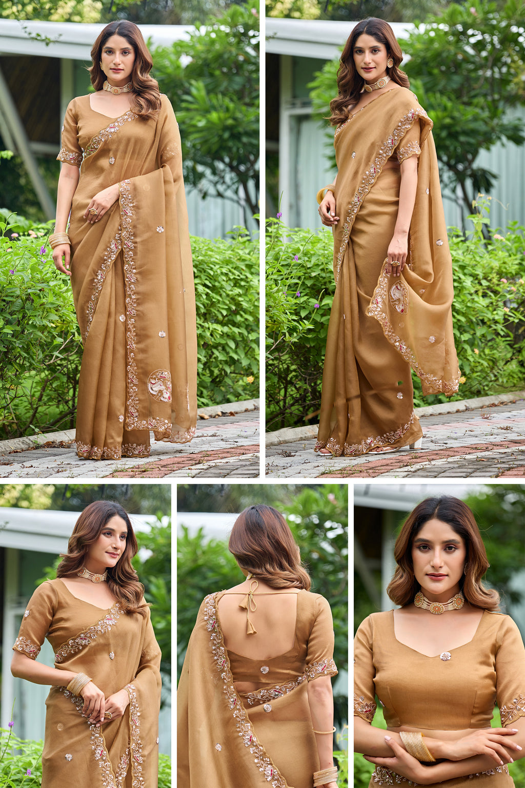 ALKA Tissue Embroidered Sequin Embellished Saree - Dusty Gold