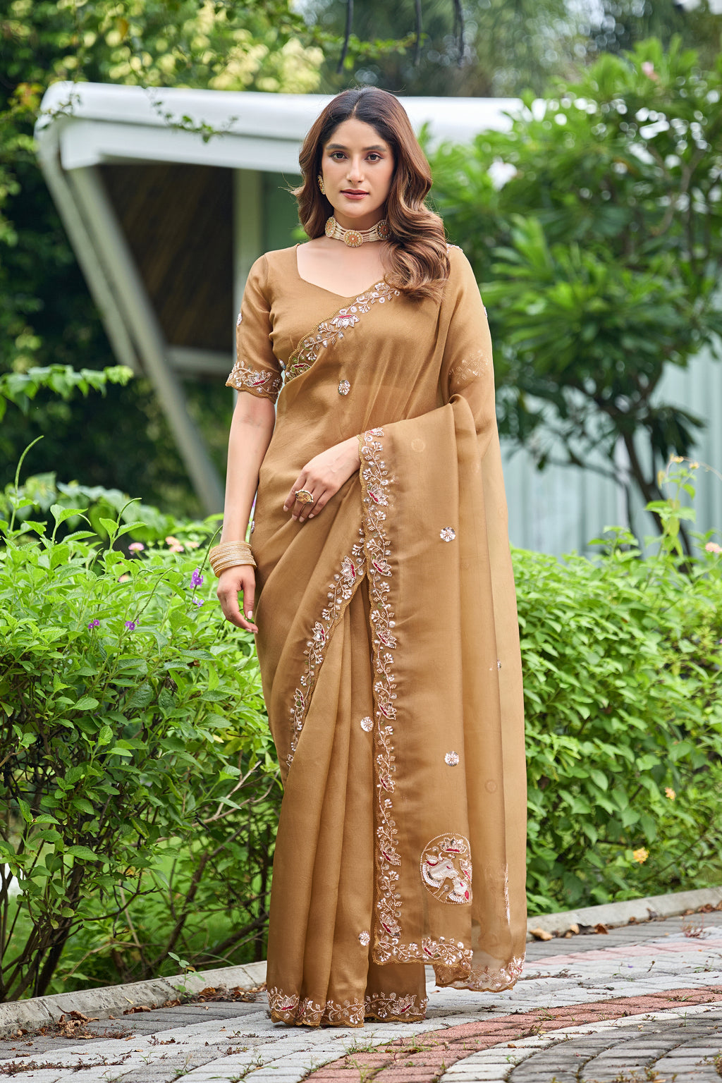 ALKA Tissue Embroidered Sequin Embellished Saree - Dusty Gold