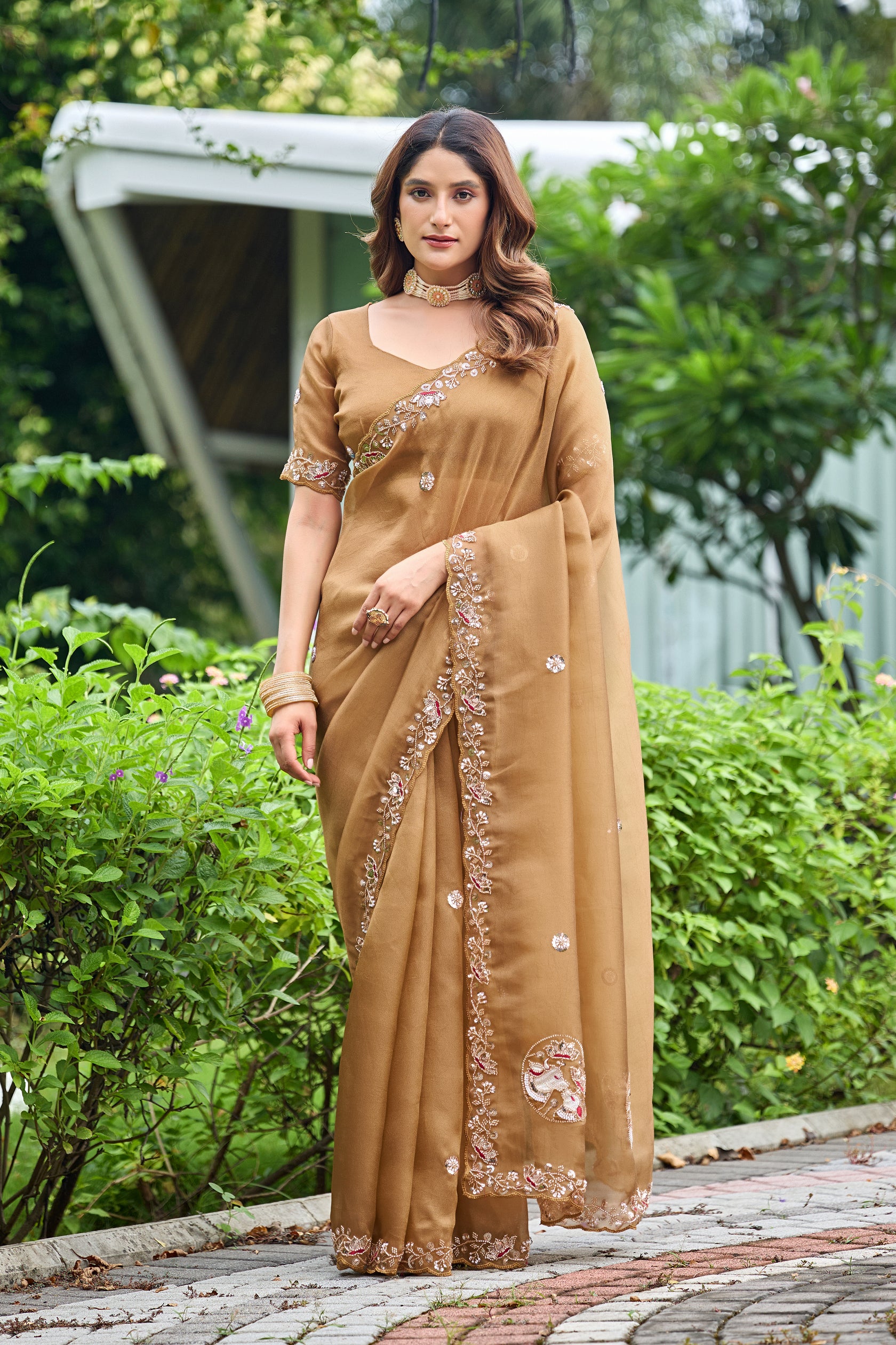 ALKA Tissue Embroidered Sequin Embellished Saree - Dusty Gold