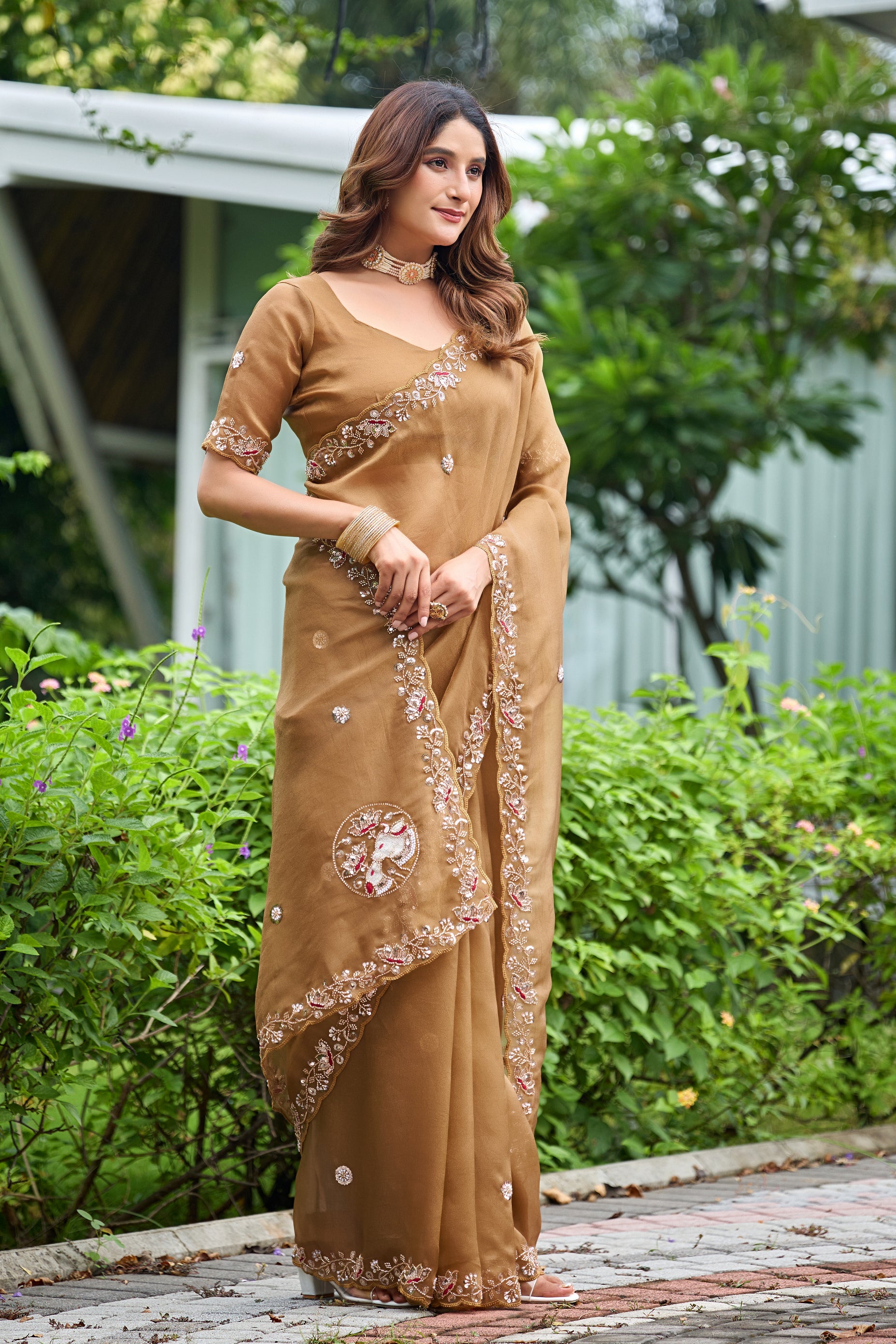 ALKA Tissue Embroidered Sequin Embellished Saree - Dusty Gold