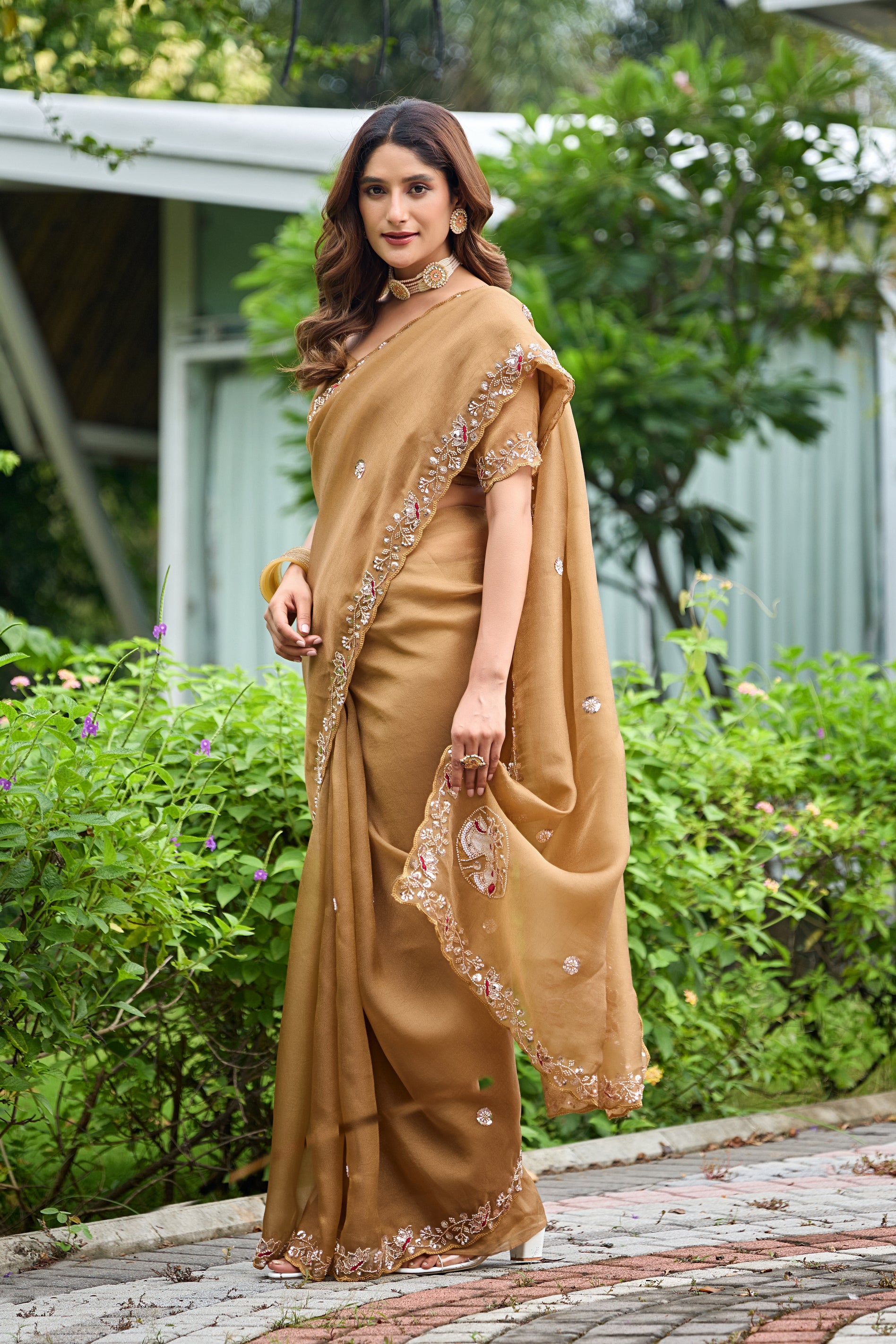 ALKA Tissue Embroidered Sequin Embellished Saree - Dusty Gold