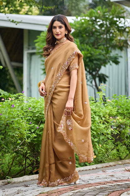 ALKA Tissue Embroidered Sequin Embellished Saree - Dusty Gold