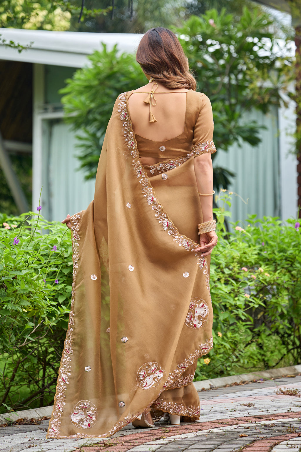 ALKA Tissue Embroidered Sequin Embellished Saree - Dusty Gold
