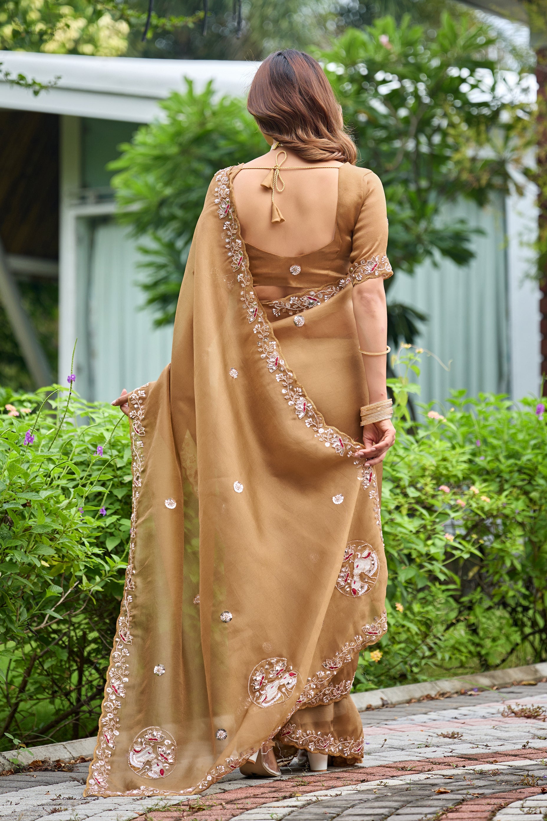 ALKA Tissue Embroidered Sequin Embellished Saree - Dusty Gold
