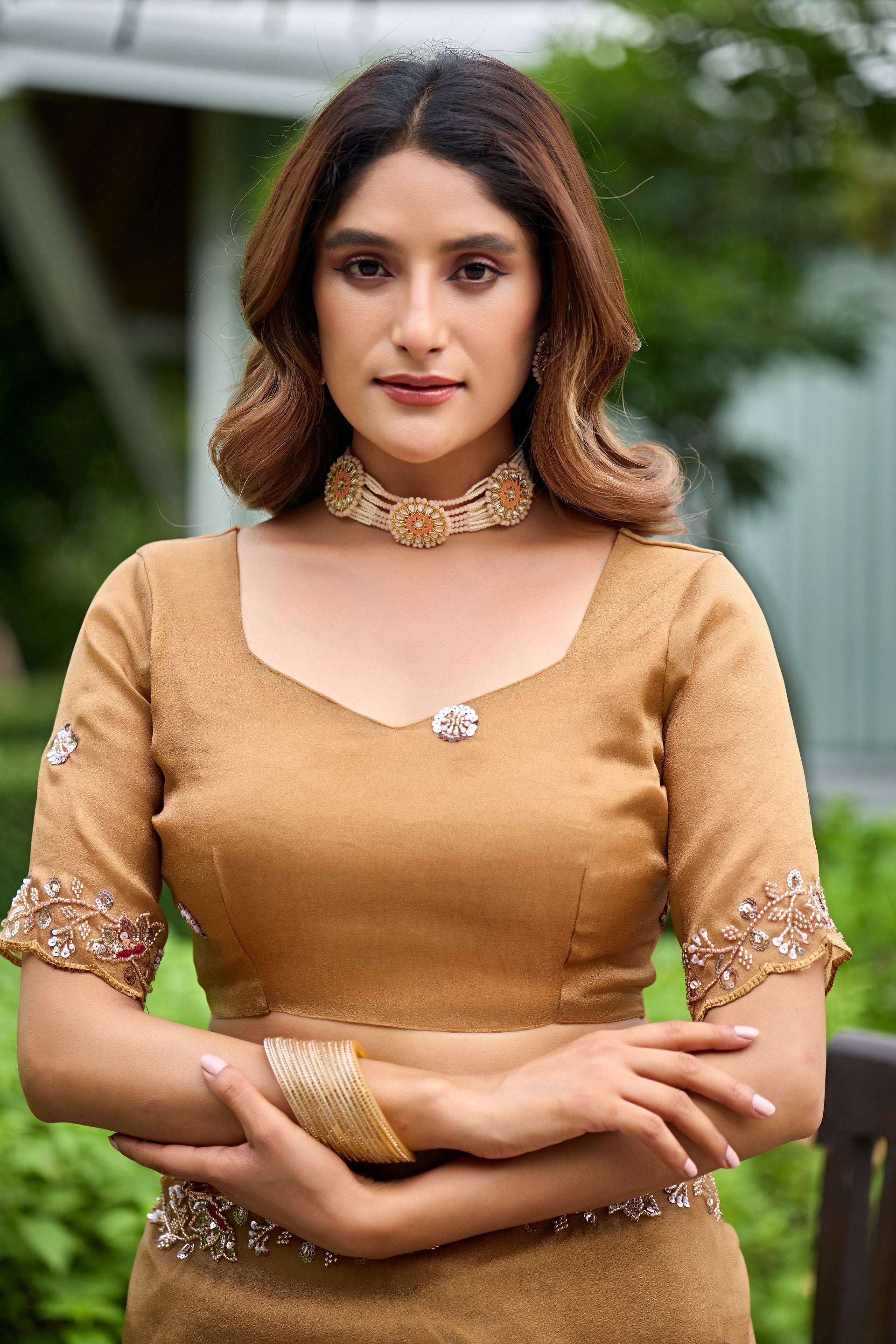 ALKA Tissue Embroidered Sequin Embellished Saree - Dusty Gold