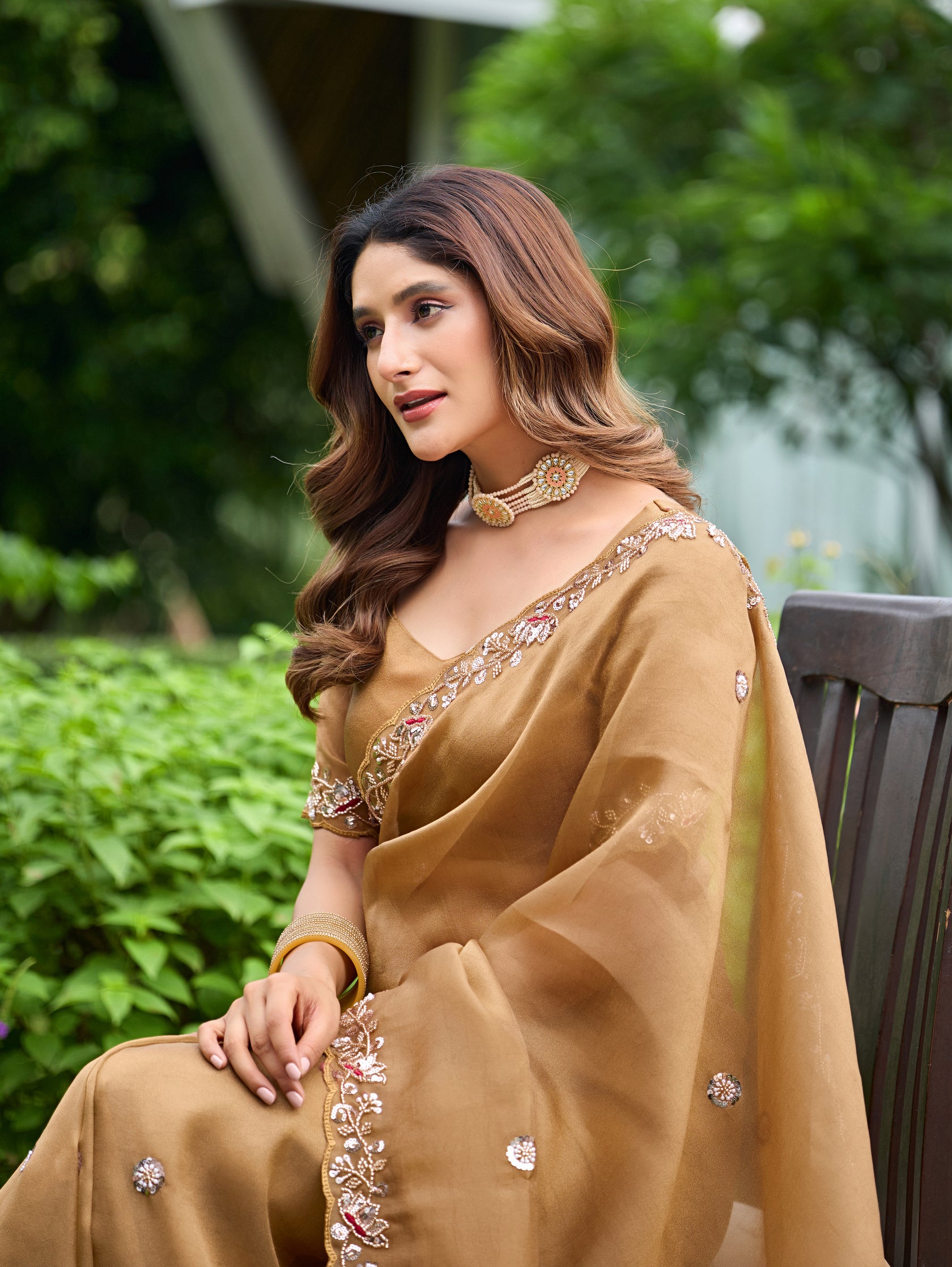 ALKA Tissue Embroidered Sequin Embellished Saree - Dusty Gold