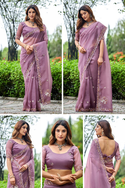 ALKA Tissue Embroidered Sequin Embellished Saree - Dusty Lavendar