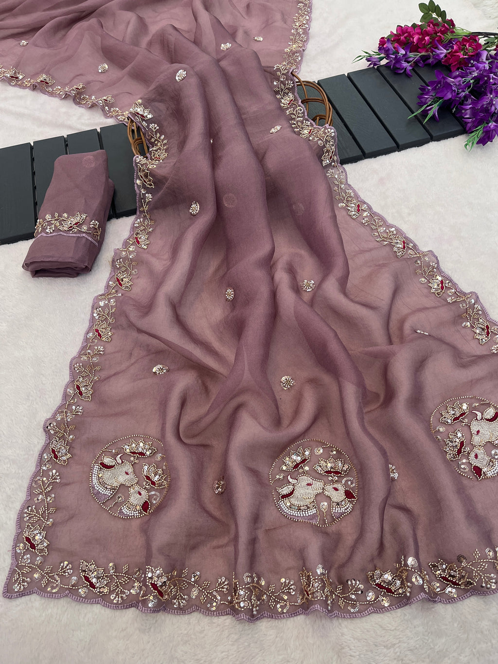ALKA Tissue Embroidered Sequin Embellished Saree - Dusty Lavendar