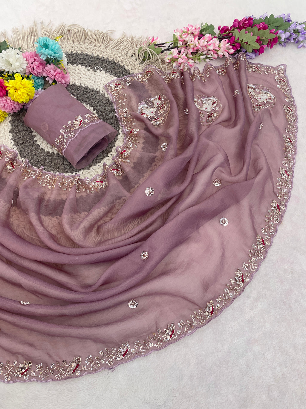 ALKA Tissue Embroidered Sequin Embellished Saree - Dusty Lavendar