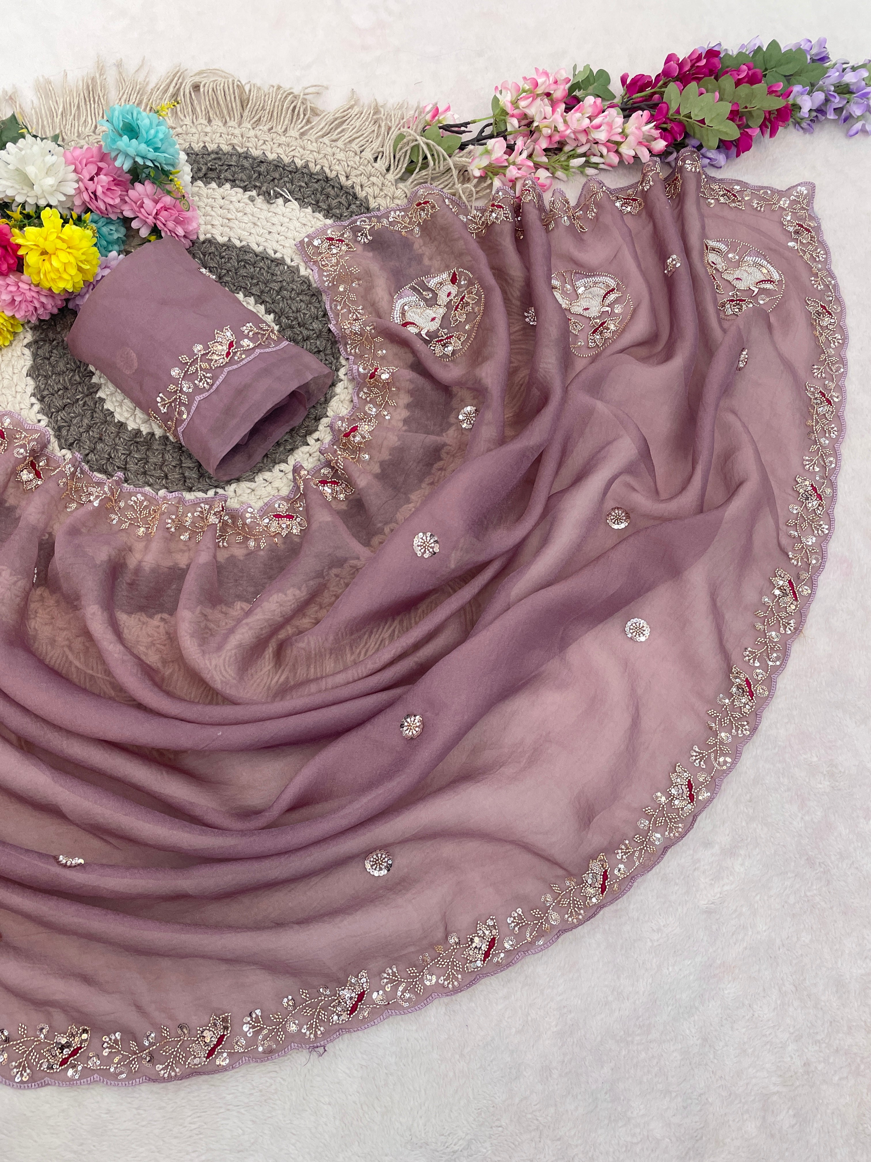 ALKA Tissue Embroidered Sequin Embellished Saree - Dusty Lavendar