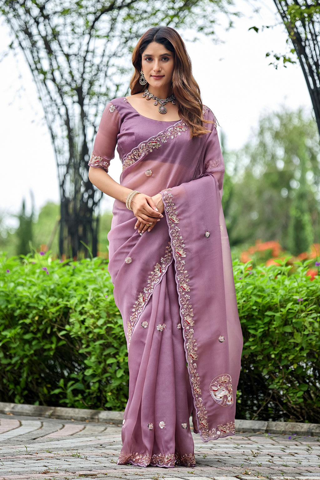 ALKA Tissue Embroidered Sequin Embellished Saree - Dusty Lavendar
