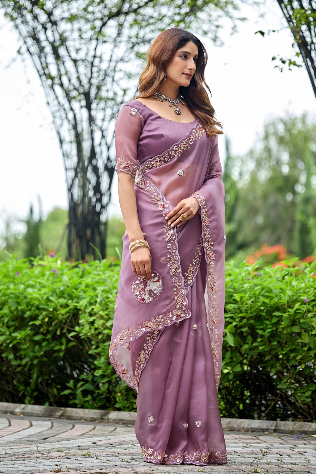 ALKA Tissue Embroidered Sequin Embellished Saree - Dusty Lavendar