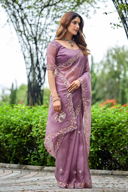 ALKA Tissue Embroidered Sequin Embellished Saree - Dusty Lavendar