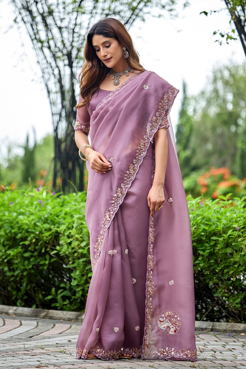ALKA Tissue Embroidered Sequin Embellished Saree - Dusty Lavendar