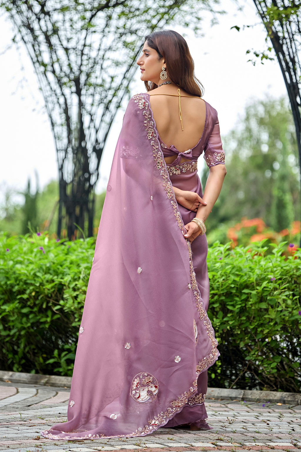 ALKA Tissue Embroidered Sequin Embellished Saree - Dusty Lavendar