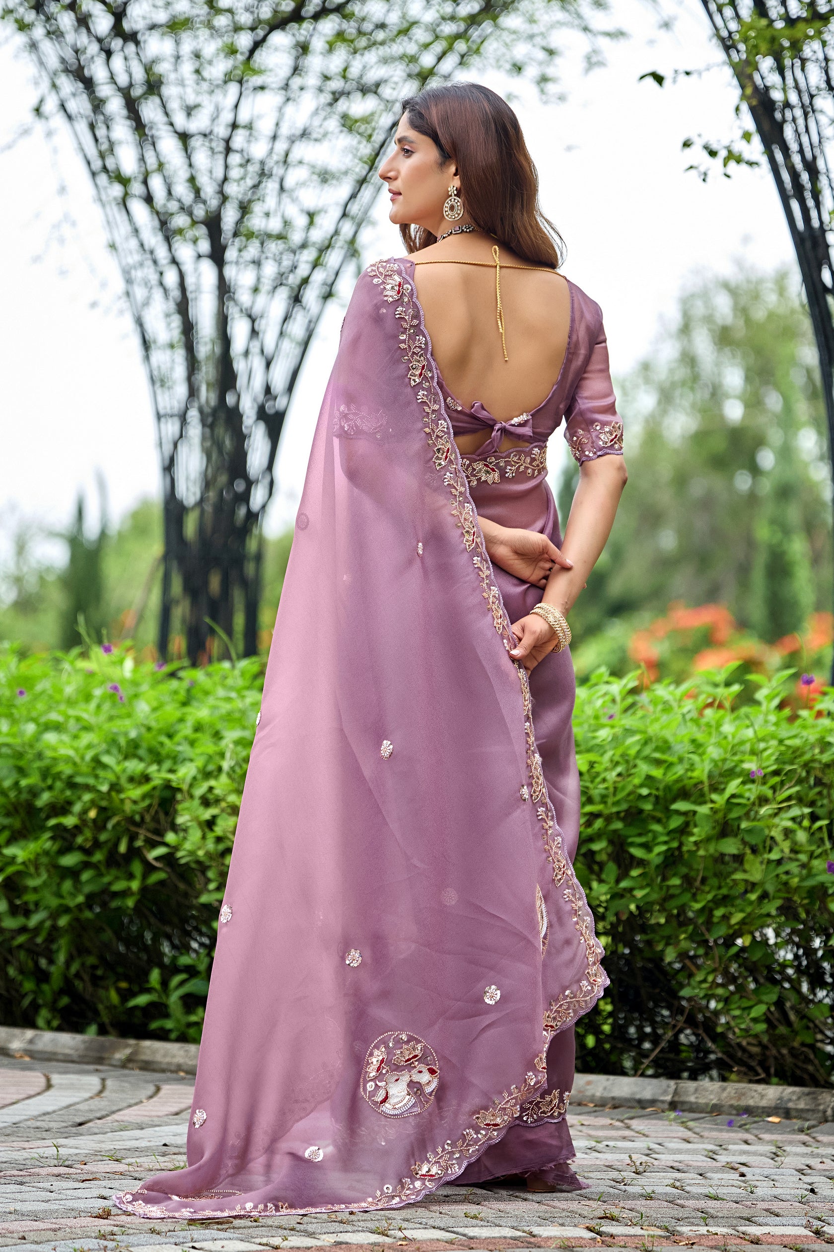 ALKA Tissue Embroidered Sequin Embellished Saree - Dusty Lavendar