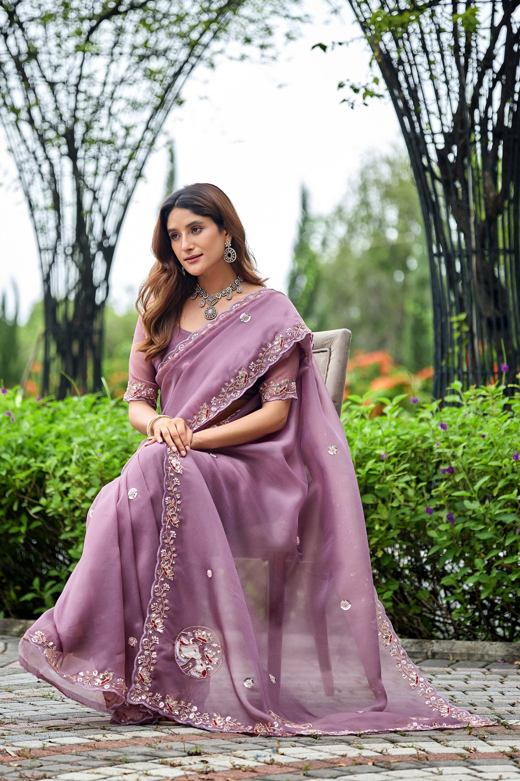 ALKA Tissue Embroidered Sequin Embellished Saree - Dusty Lavendar