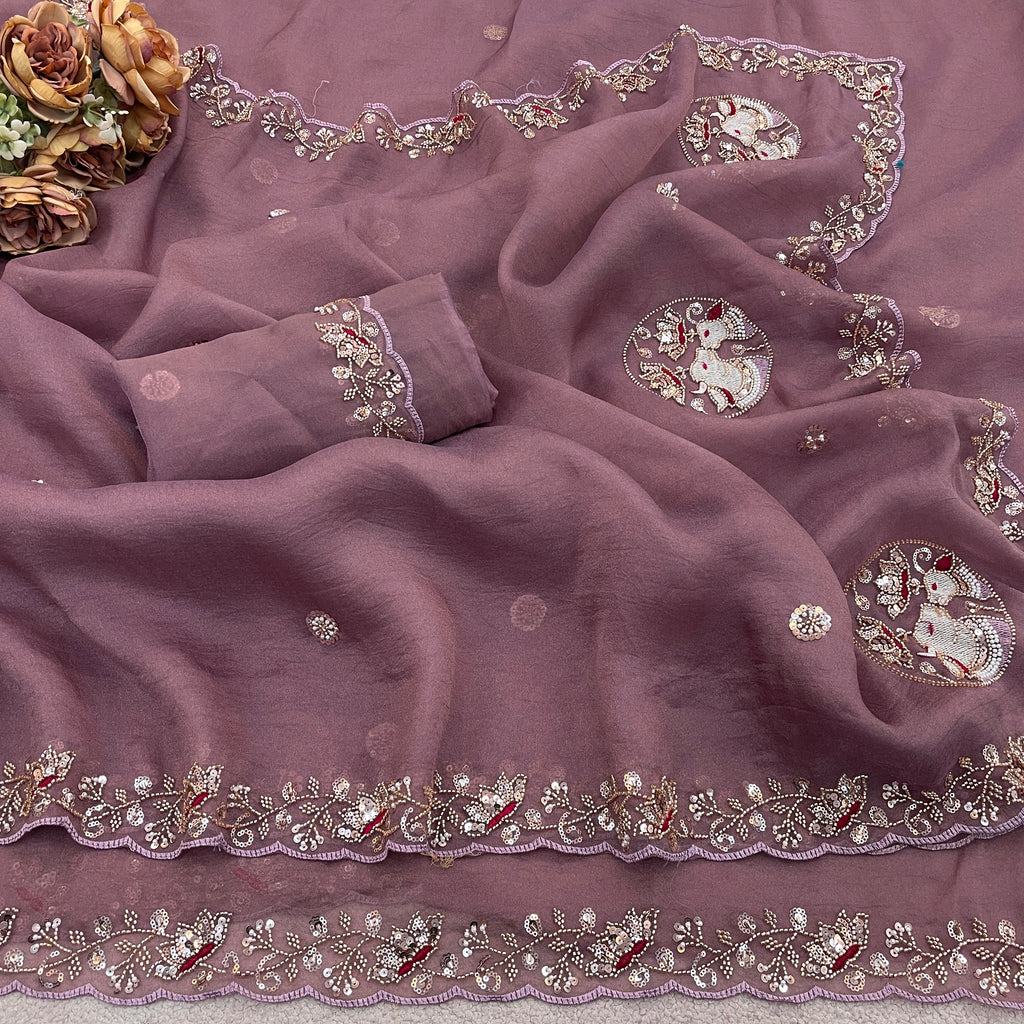 ALKA Tissue Embroidered Sequin Embellished Saree - Dusty Lavendar