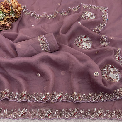 ALKA Tissue Embroidered Sequin Embellished Saree - Dusty Lavendar