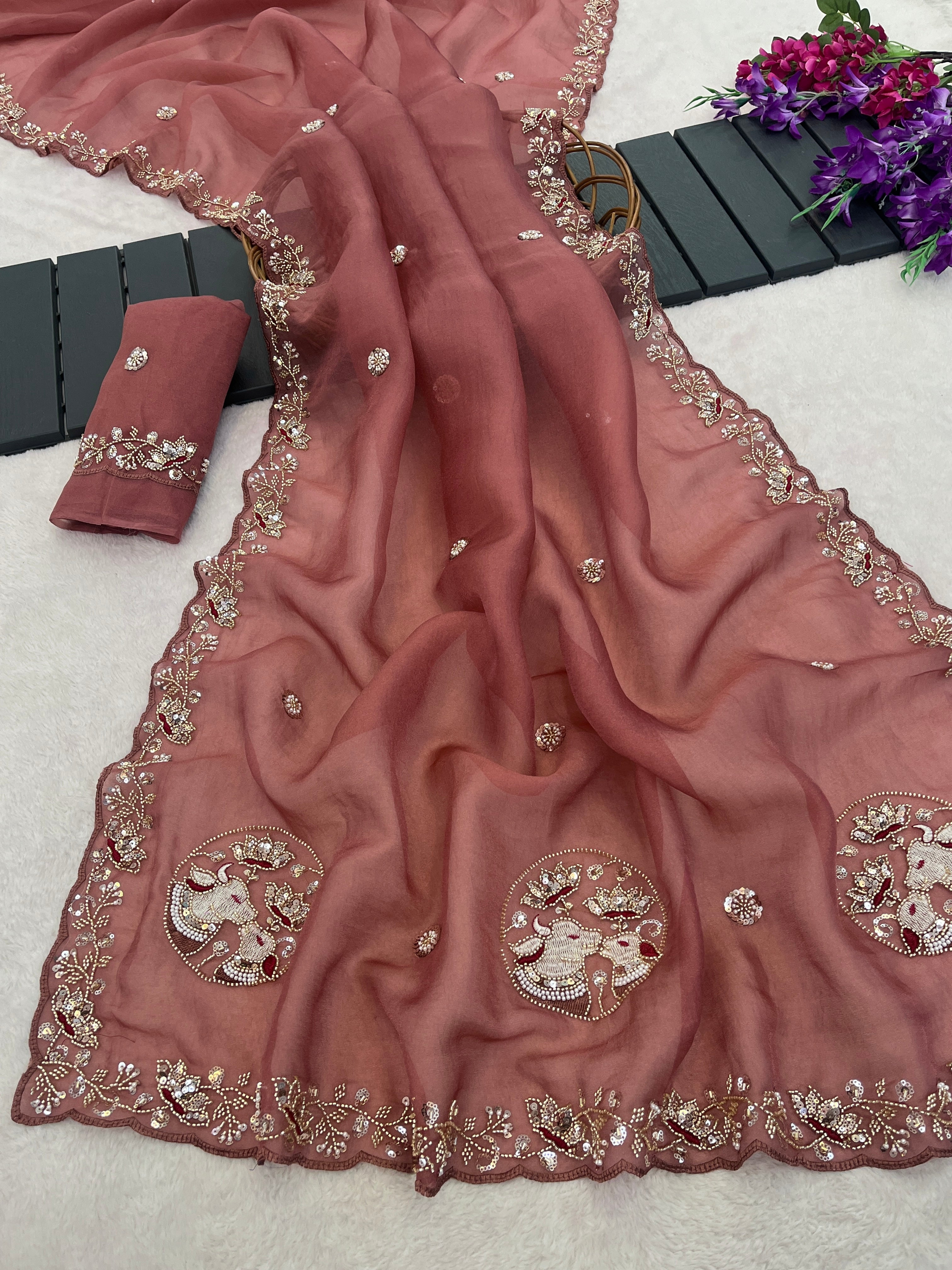 ALKA Tissue Embroidered Sequin Embellished Saree - Dusty Pink