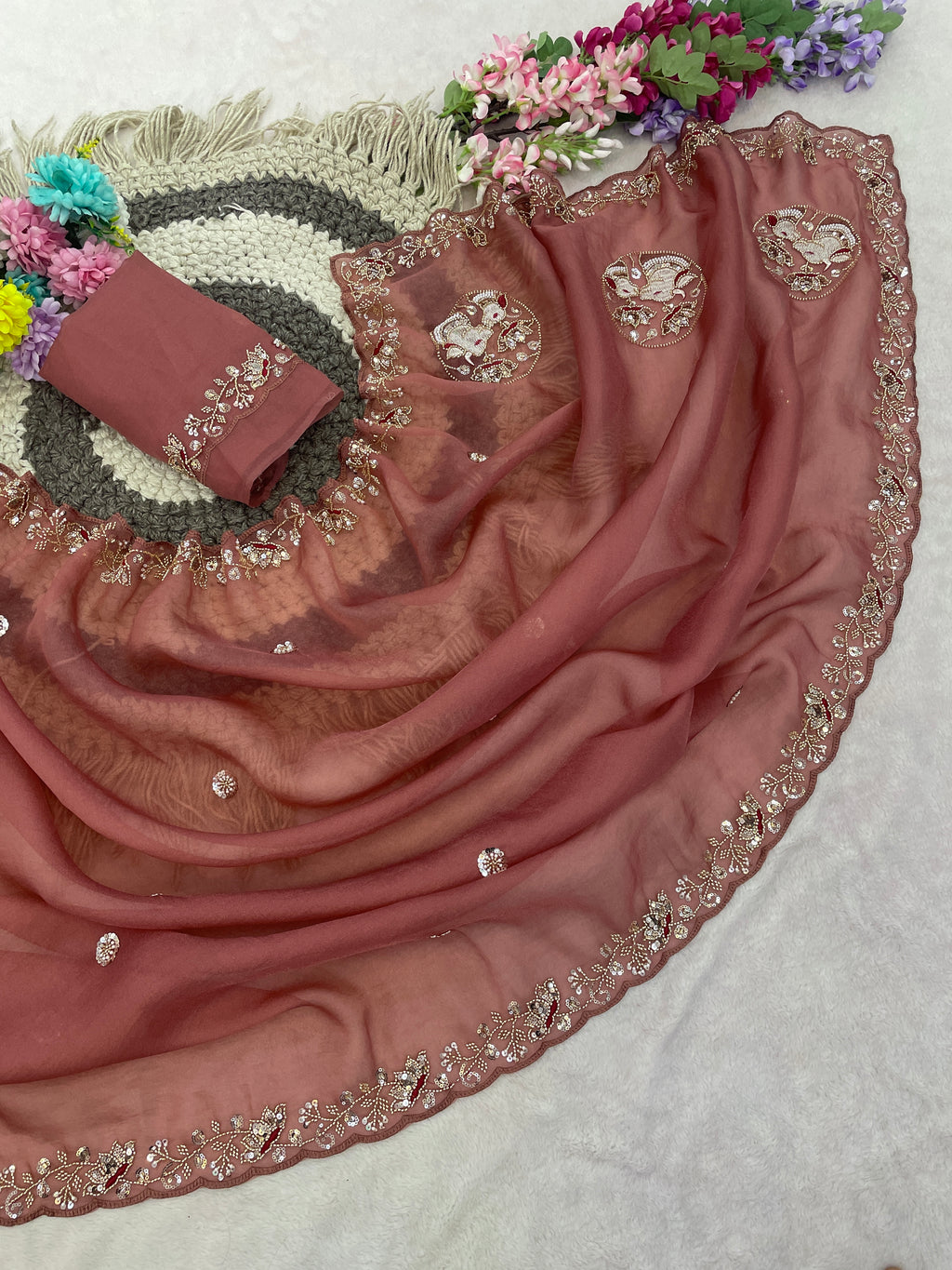 ALKA Tissue Embroidered Sequin Embellished Saree - Dusty Pink