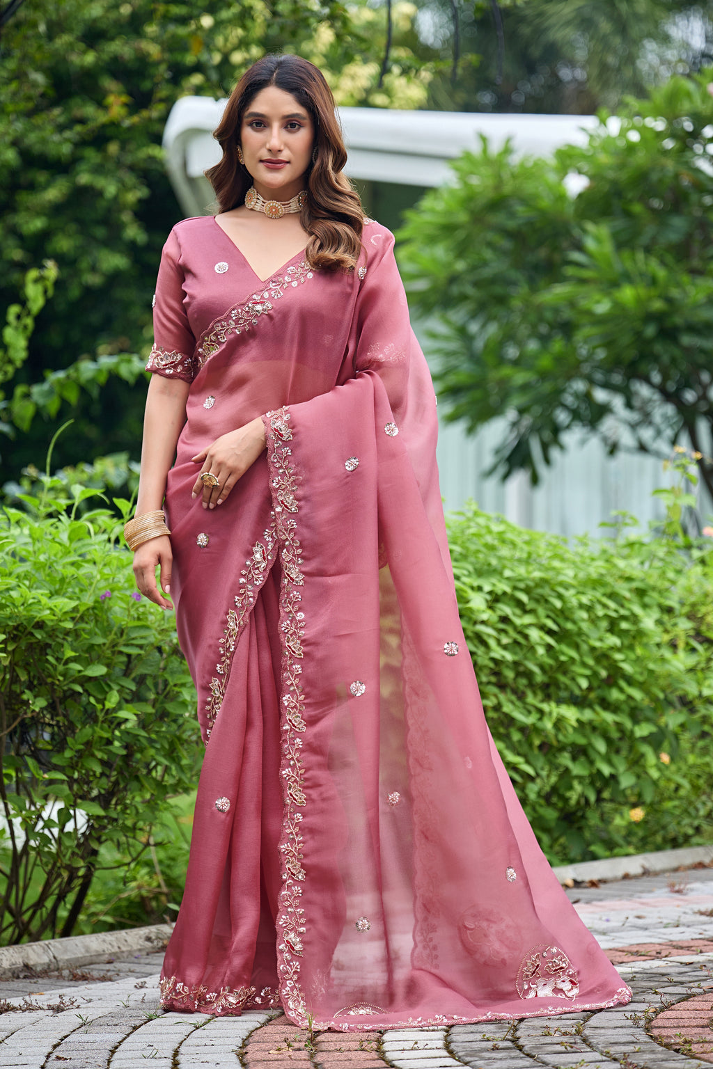ALKA Tissue Embroidered Sequin Embellished Saree - Dusty Pink