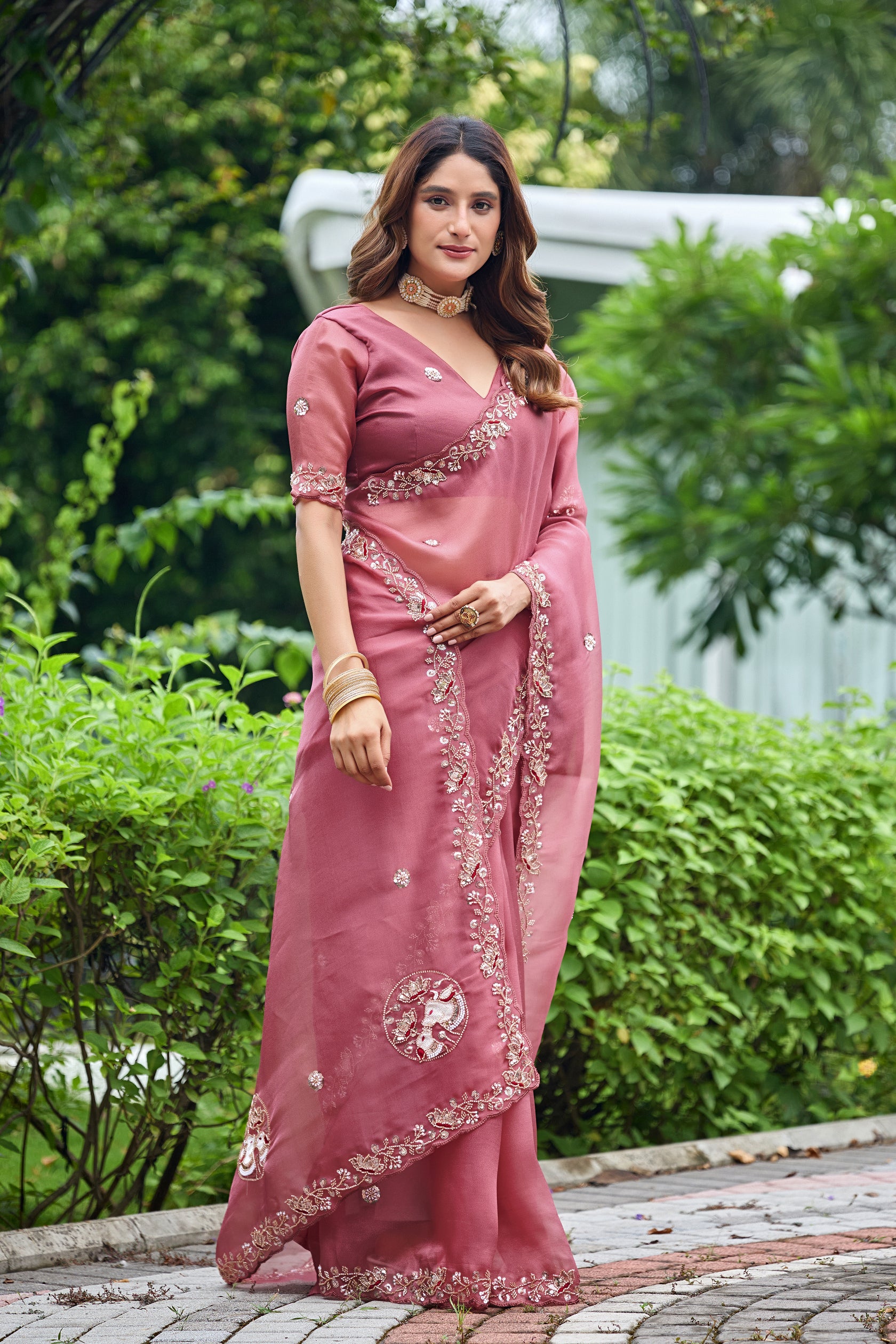 ALKA Tissue Embroidered Sequin Embellished Saree - Dusty Pink