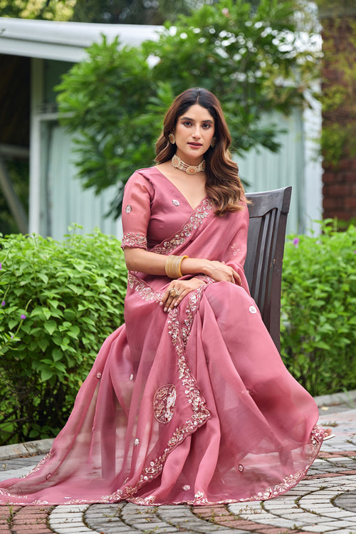 ALKA Tissue Embroidered Sequin Embellished Saree - Dusty Pink