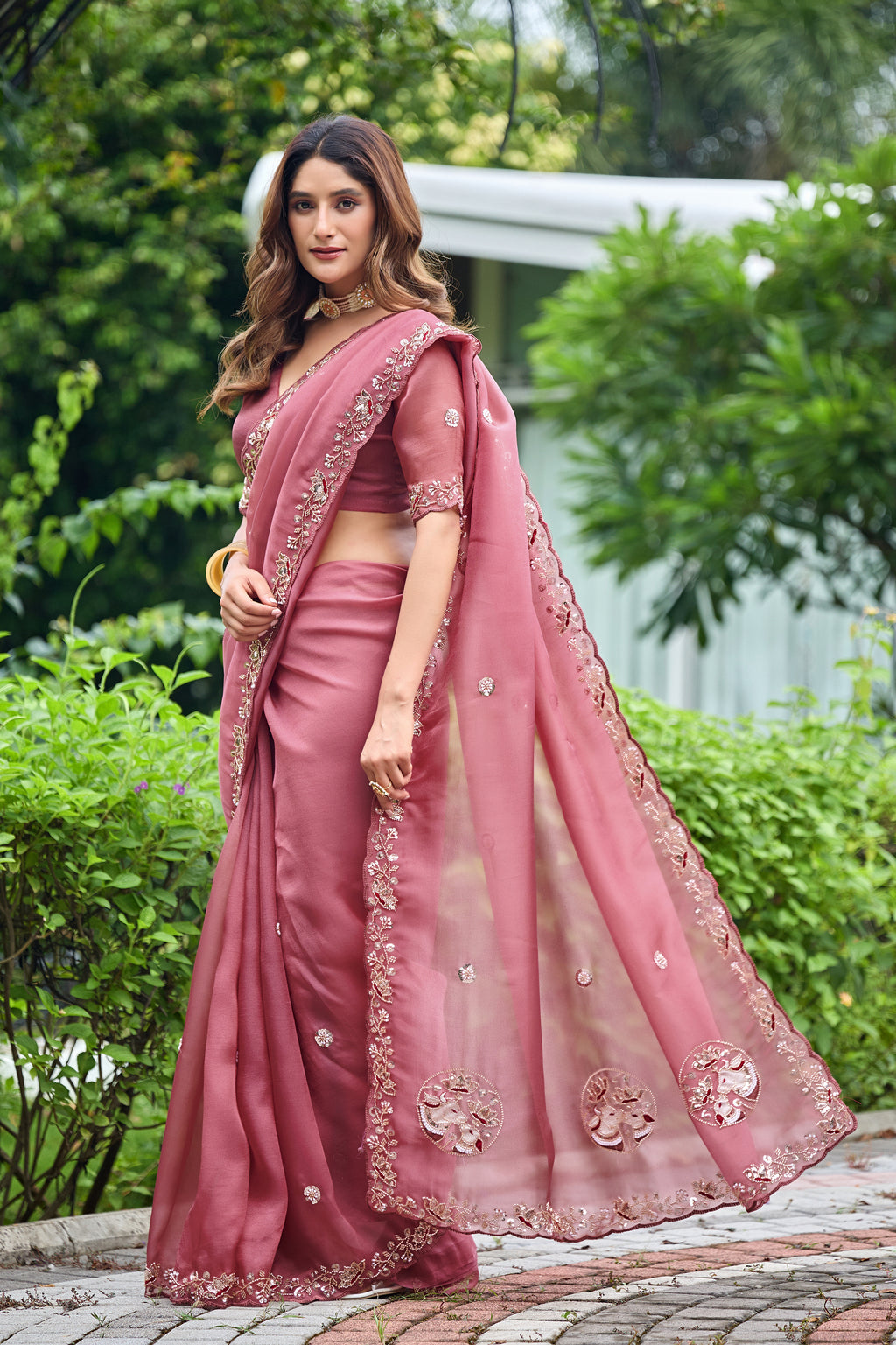 ALKA Tissue Embroidered Sequin Embellished Saree - Dusty Pink