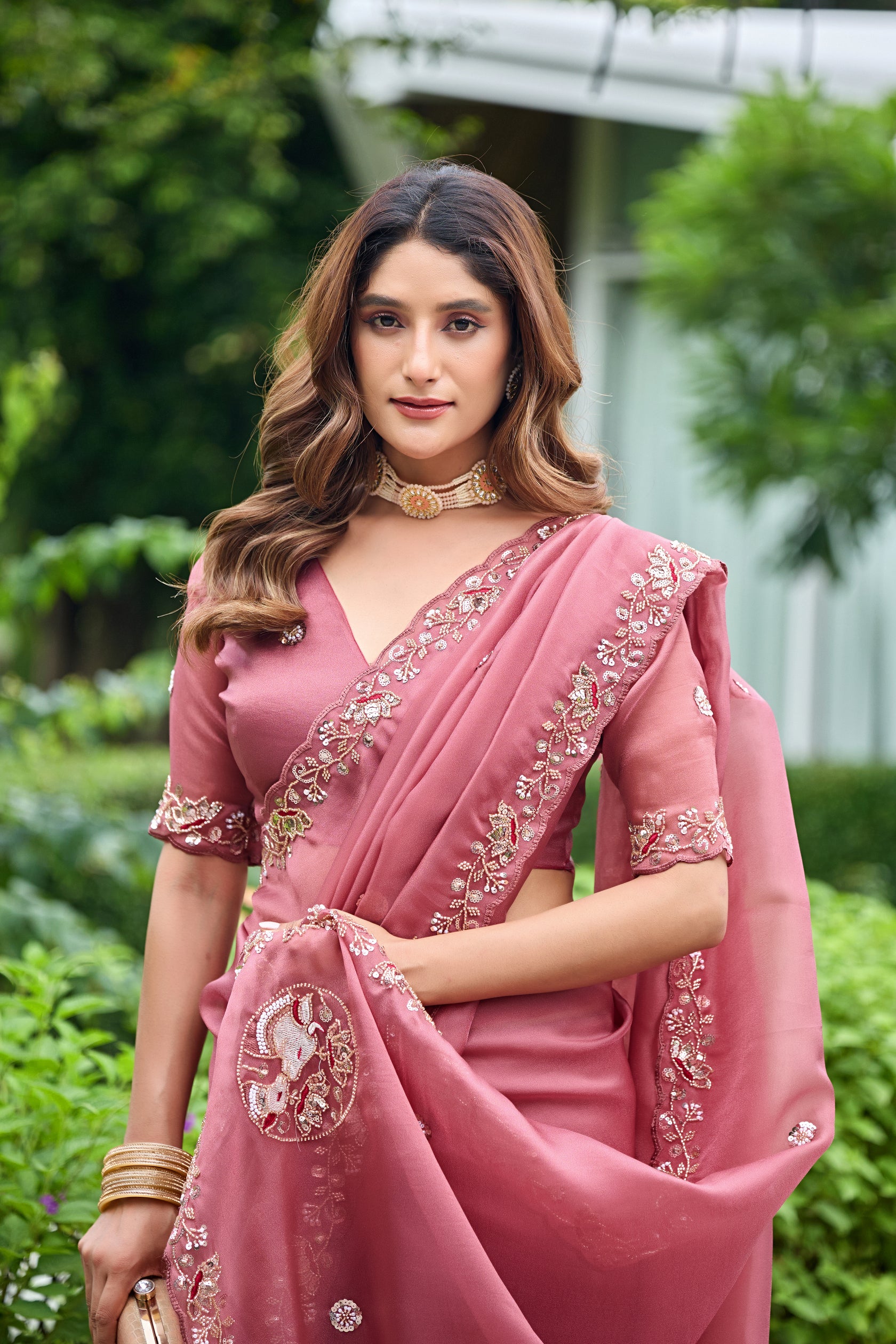 ALKA Tissue Embroidered Sequin Embellished Saree - Dusty Pink